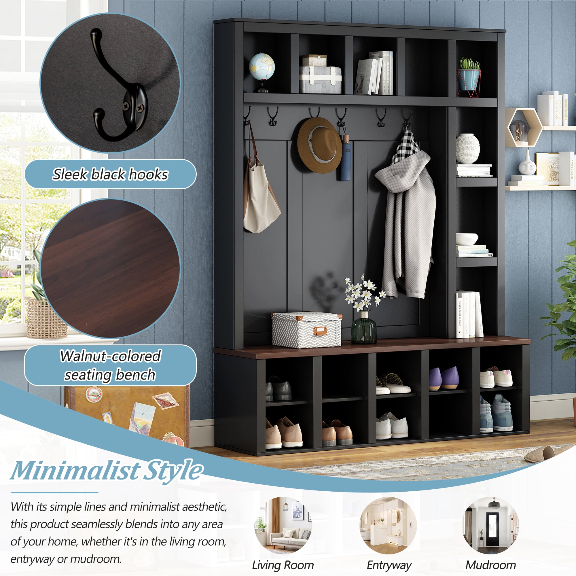 Mintazer 76.7"H Entryway Hall Tree with Bench & 13 Open Storage Compartments, 4-in-1 Entryway Organizer with Adjustable Shoe Shelves & 6 Hooks for Mudroom Hallway, Black