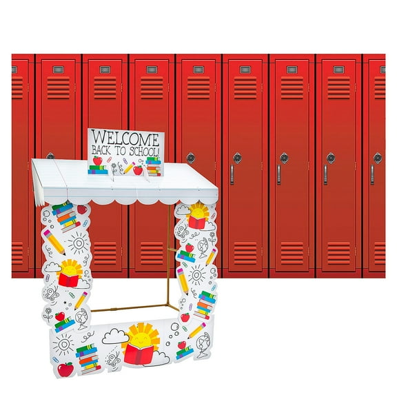 Fun Express Back-to-School Lockers Backdrop & Tabletop Hut Decorating Kit – 7 Pc.