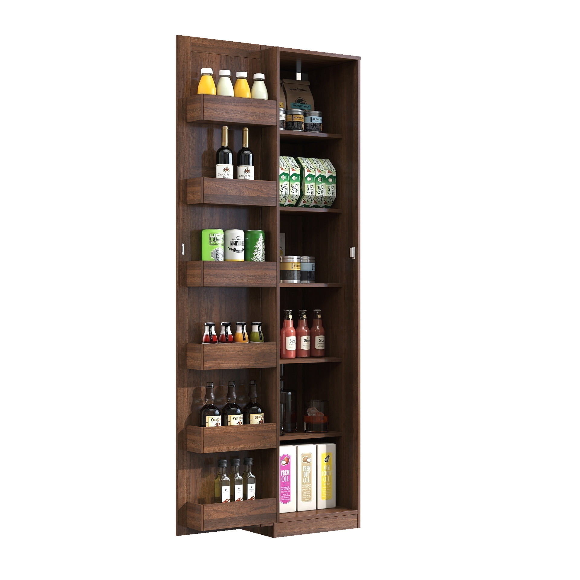Kitchen Pantry Cabinet Freestanding Buffet Cupboard with Adjustable Shelves Side Racks, Walnut