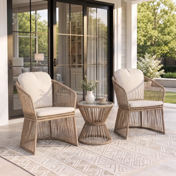 JOIVI 3-Piece Patio Bistro Set, Outdoor Coffee Table with Glass Top and Sling Patio Swivel Chairs with Soft Cushions, Boho Outdoor Furniture Set of 3 for Backyard, Deck and Porch