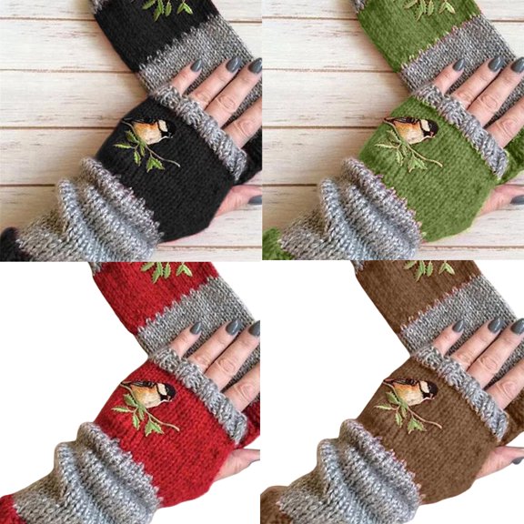 D-GROEE Knit Fingerless Color Block Mitten Bird Embroidered Winter Knitted Fabric Texting Mittens Warm Gloves