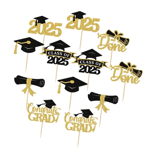 12 piezas Toppers de cupcakes de graduación 2025, diseño de diseño de brillo premio a suministros de topper de pastel decoraciones de graduación Oro