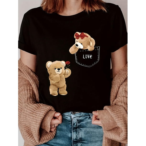 Valentine'S Day Cute Bears Print Crew Neck T-shirt, Four seasons casual short-sleeved round neck T-shirt, Women'S Clothing