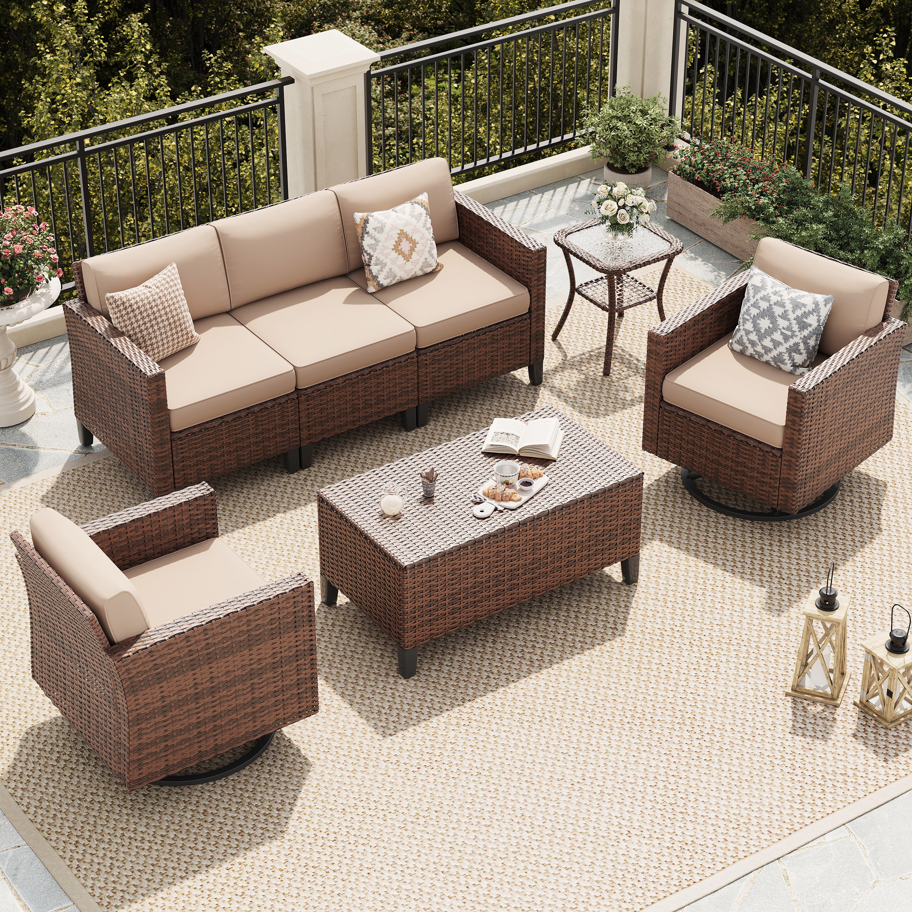 POTEBAN Patio Set, 7 Pieces Outdoor Furniture Sets with Rocking Swivel Chairs, Wicker Rattan, Waterproof Covers for Backyard