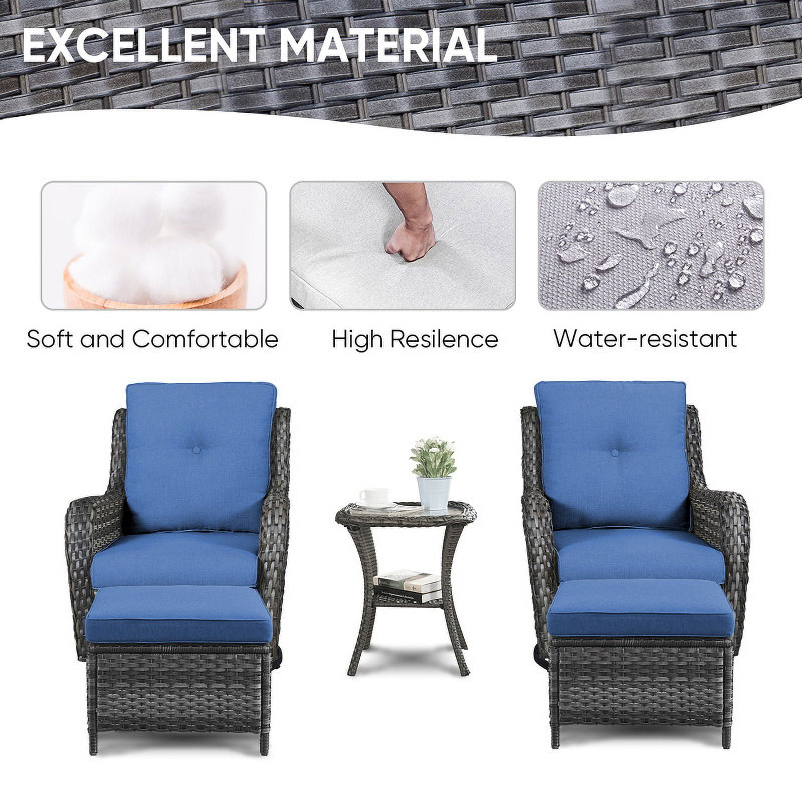 PARKWELL 5-Piece Outdoor Conversation Sets,Wicker Swivel Gliders with Ottomans,Side Table,Patio Seating Furniture with Blue Cushions,Gray Wicker