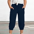 thumbnail image 2 of Girls Linen Capri Pants - Summer Loose Joggers Elastic High Waist Beach Capris Casual Cropped Trousers with Pockets for Kids Youth，Age 4-15 (Navy/120), 2 of 5