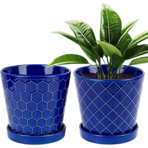 Ceramic Flower Pots Set of 2 in Blue with Drainage and Trays