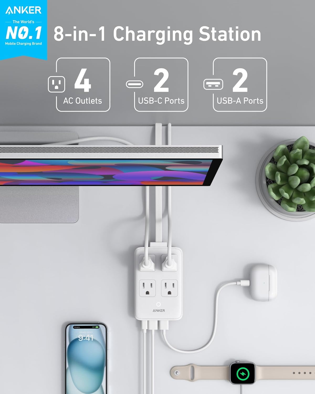 Anker Charging Station, 20W Max 8-in-1 USB-C Power Strip, 5 ft Thin Cord with 4 AC, 2 USB-A, and 2 USB-C Ports, Fast Charging Desktop Charger