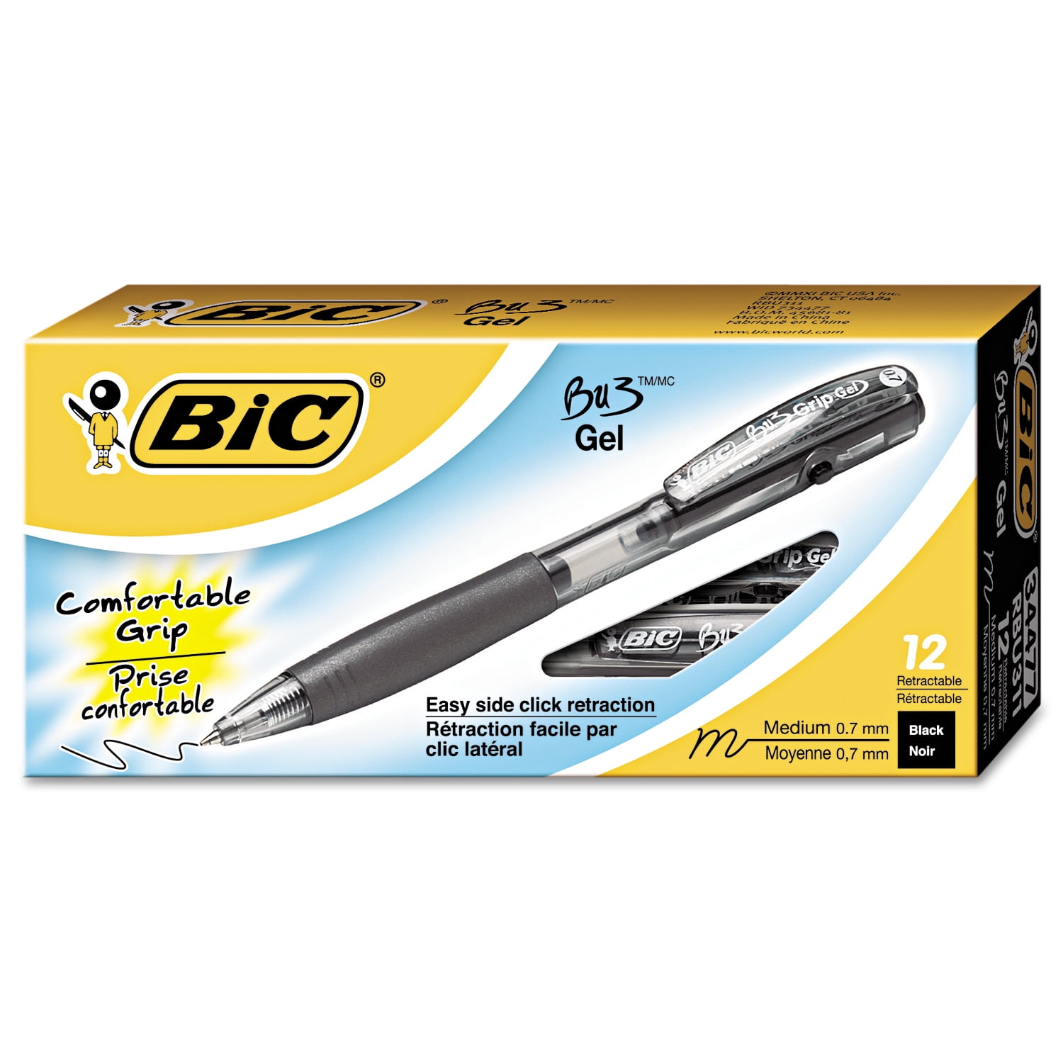 BIC BU3 Retractable Gel Roller Ball Pen, Medium, .7mm, Black, Dozen