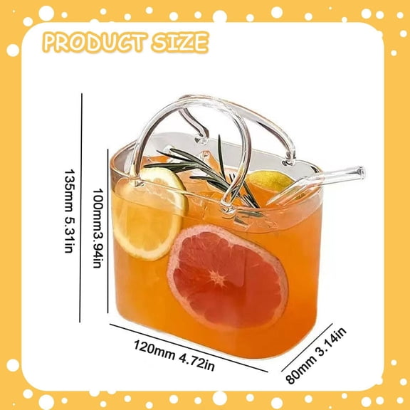 Glass Bubble Cup with Straw - Handbag Shaped Portable Trendy Drinking Glass - Reusable Beverage Cup for Juice Tea Coffee - White