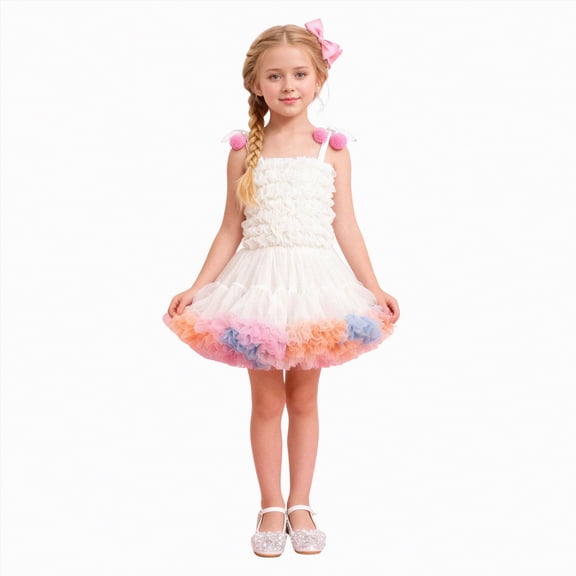 mgoYE Flower Girl Dress Baby Girls Tutu Strap Dress Toddler Princess Fluffy Layered Mesh Tulle Dance Sleeveless Dress(White,3-4 Years)