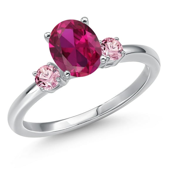 Gem Stone King 14K White Gold Red Created Ruby and Pink Lab Grown Diamond Engagement Ring for Women | 1.61 Cttw | Oval 8X6MM | Gemstone July Birthstone | Size 6