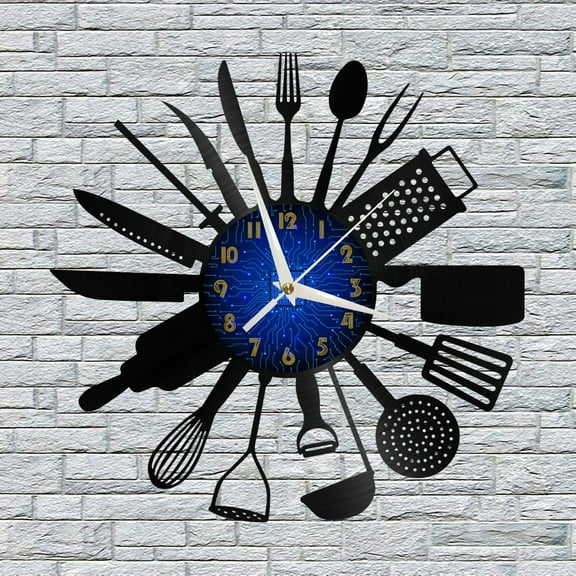 Tableware Kitchen Decoration Vinyl Wall Clock, Vinyl Record Clock Wall Art Silent & Non-ticking(12 inchs B)
