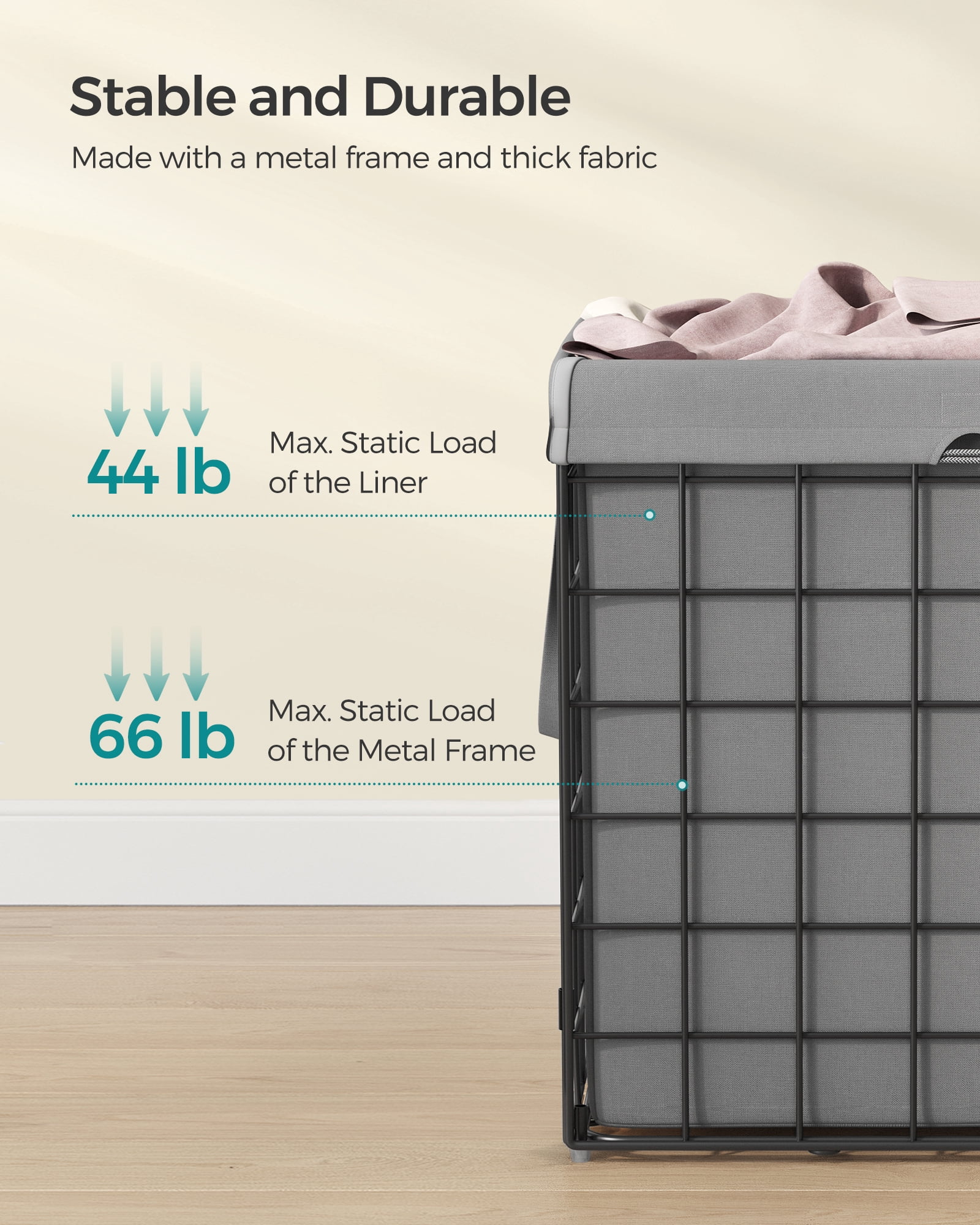 SONGMICS 29 Gal. (110L) Laundry Basket, Laundry Hamper, Collapsible Clothes Hamper, Removable and Washable Liner, Metal Wire Frame, for Bedroom Bathroom, Black and Gray