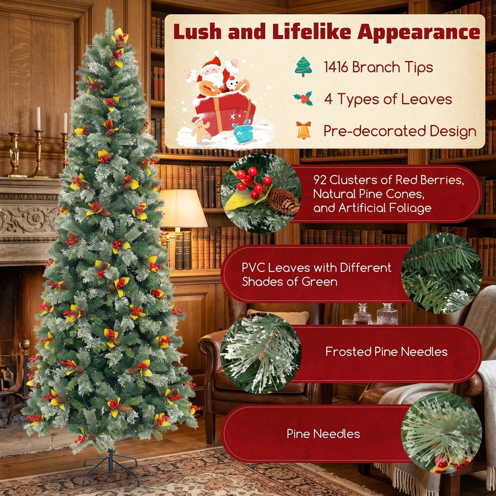 RUIE 9 FT Pre-Lit Artificial Christmas Tree with 1416 Branch Tips, 560 Warm White LED Lights, 8 Lighting Modes and Foldable Metal Stand for Indoor Holiday Decor, Green