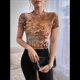 thumbnail image 4 of Top Corto de con Estampado para Mujer, Corta, Cuello Alto, Ajustado, con Ribete en Forma de Lechuga, Transparente, para Salir Color Caramelo L, 4 of 9