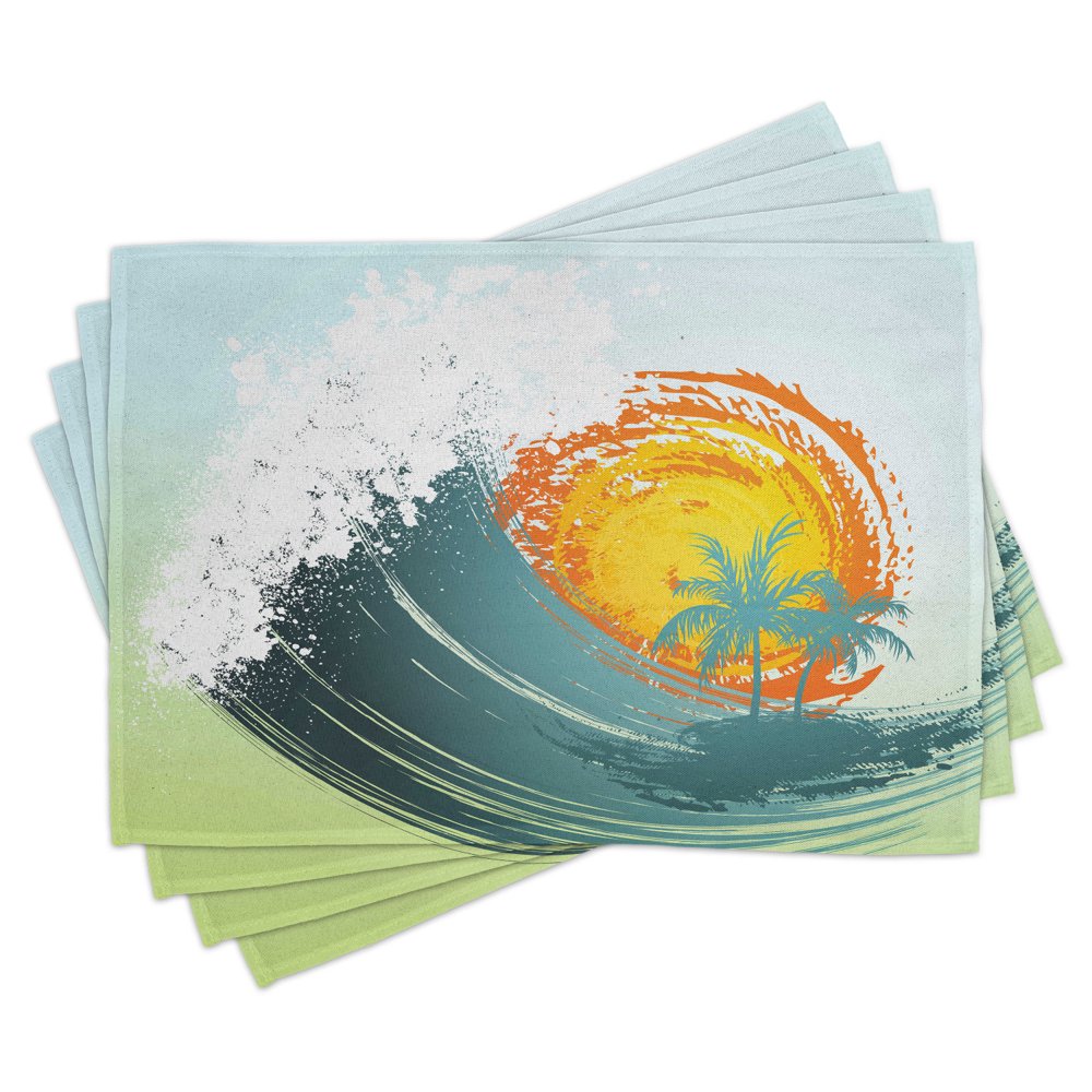 Tropical Placemats Set of 4 Exotic Coconut Palm Trees Sun Ocean Wave Summer Graphic, Washable
