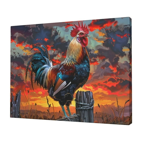12x16 inch The Beautiful Rooster On The Fence Canvas Frameless Painting,Farmhouse Yard,Living Room,Lounge,Restaurant Decor Wall Art Poster,Modern Style Rooster Oil Paintings On Canvas Decor