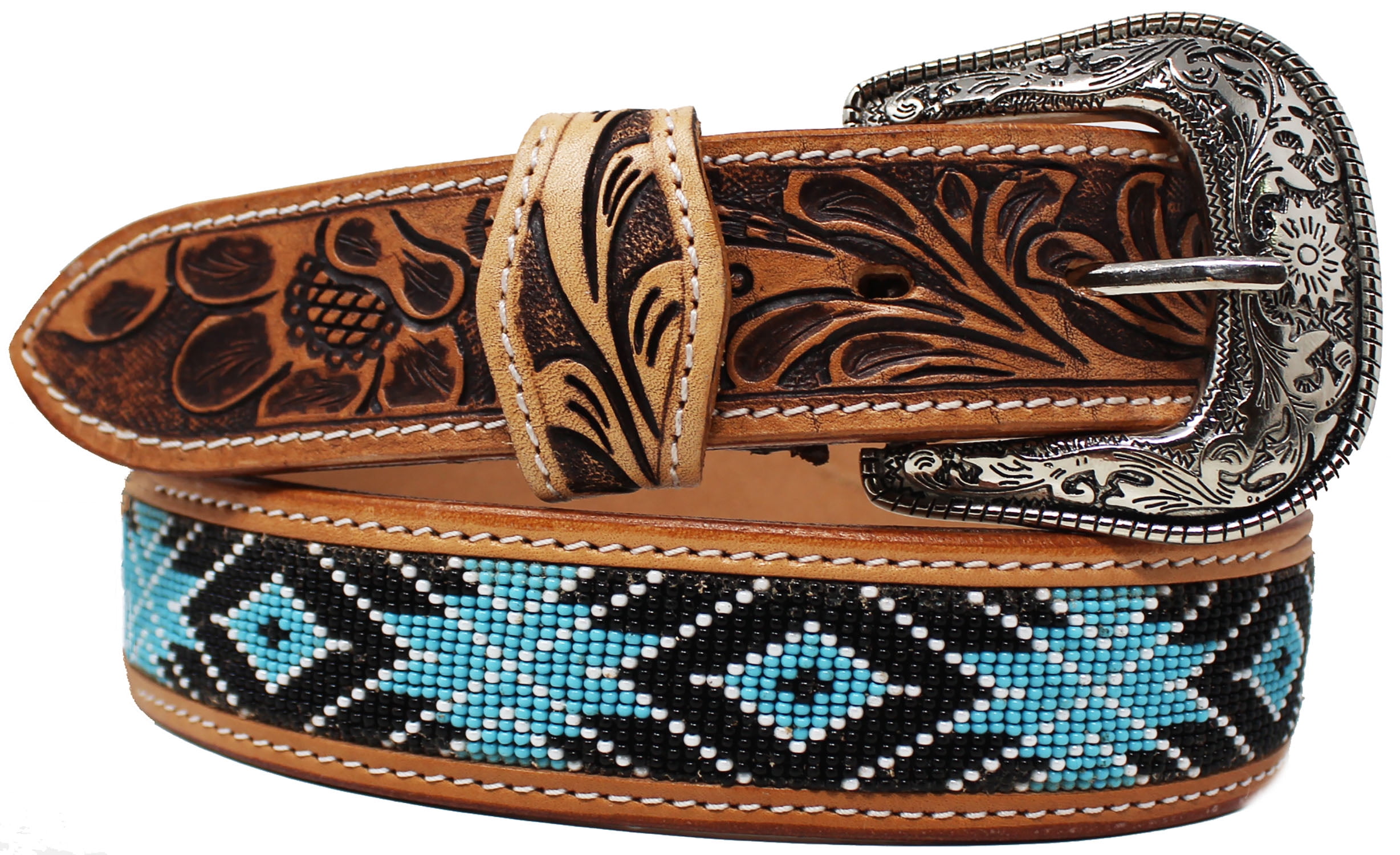 4313 Western Tooled Leather Beaded Belt For Men And Women Western Tooled Leather Beaded Belt For Men And Women 30is113  main image 3