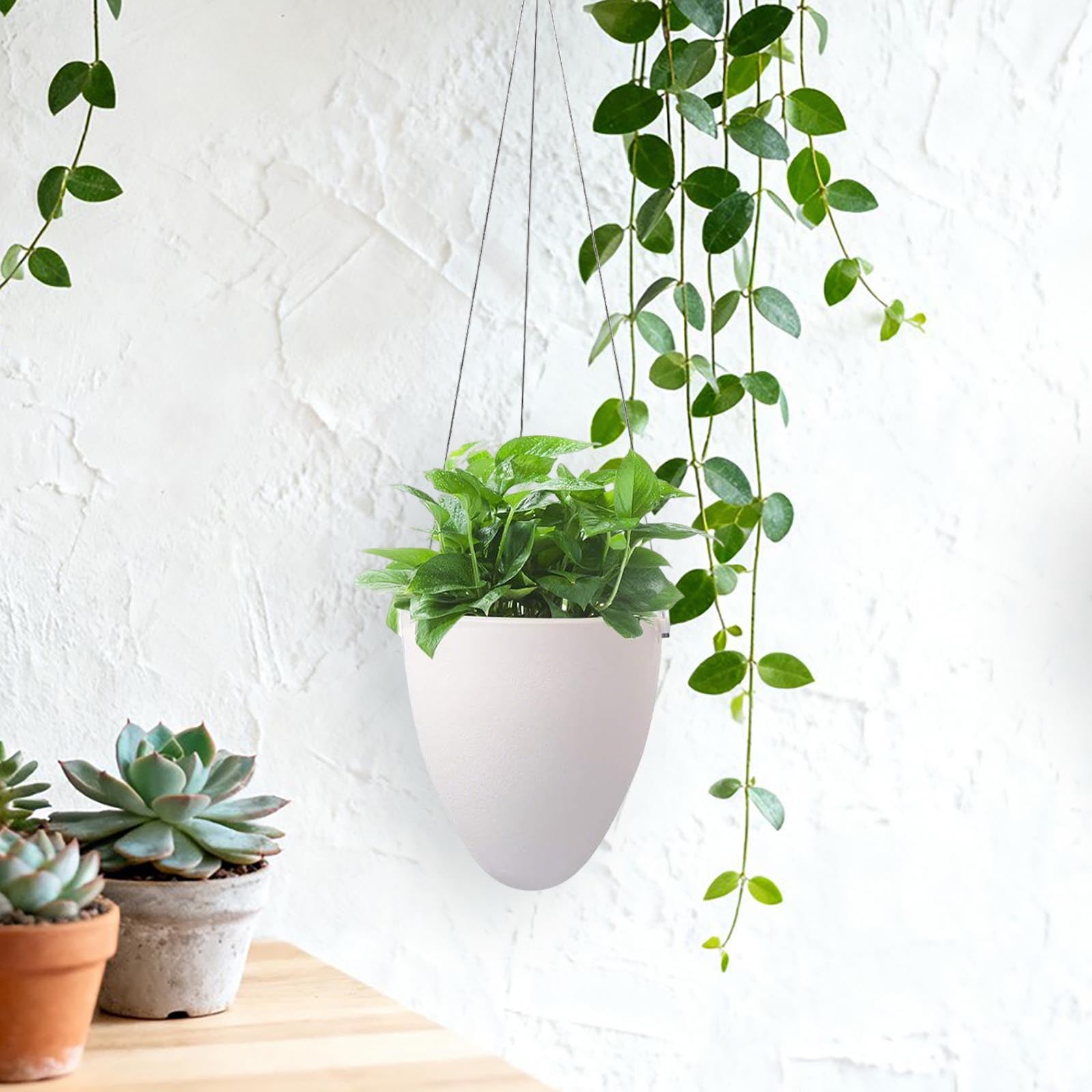 Camnix Self Watering Hanging Planters, Unique Eggshell Shape Indoor Outdoor Hanging Pots for Plants, Modern White Plastic Flower Pots Home Decor Hanging Basket