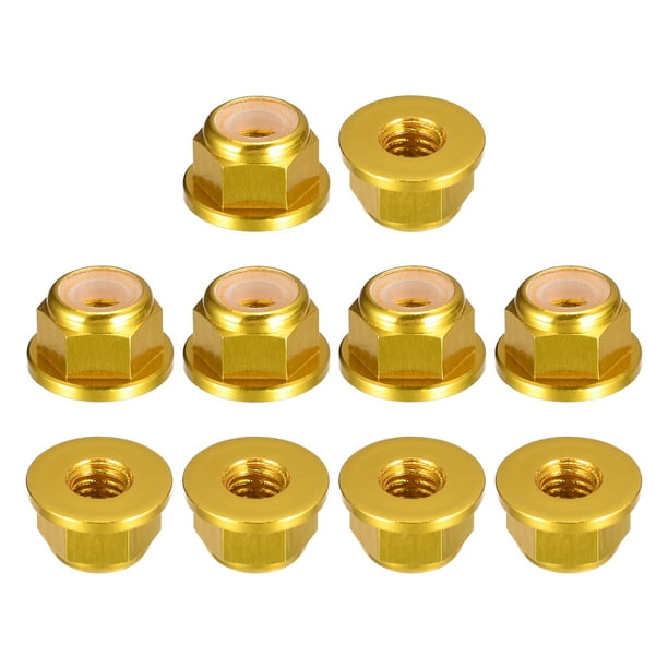 Tuercas de bloqueo hexagonales con inserto de nailon, 10 piezas - M4 x 0.7mm tuerca de brida autolock de aleación de aluminio (Oro)