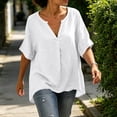 thumbnail image 6 of Diufon Linen Shirts for Women Dolman Short Sleeve Button Notch-Neck Pullover Casual Loose Crinkle Gauze Blouses, 6 of 9