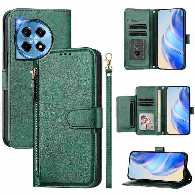 Funda para Oneplus 12R 5G con cremallera tipo cartera, tarjetero, marco de fotos, soporte y cordón, de piel sintética. verde