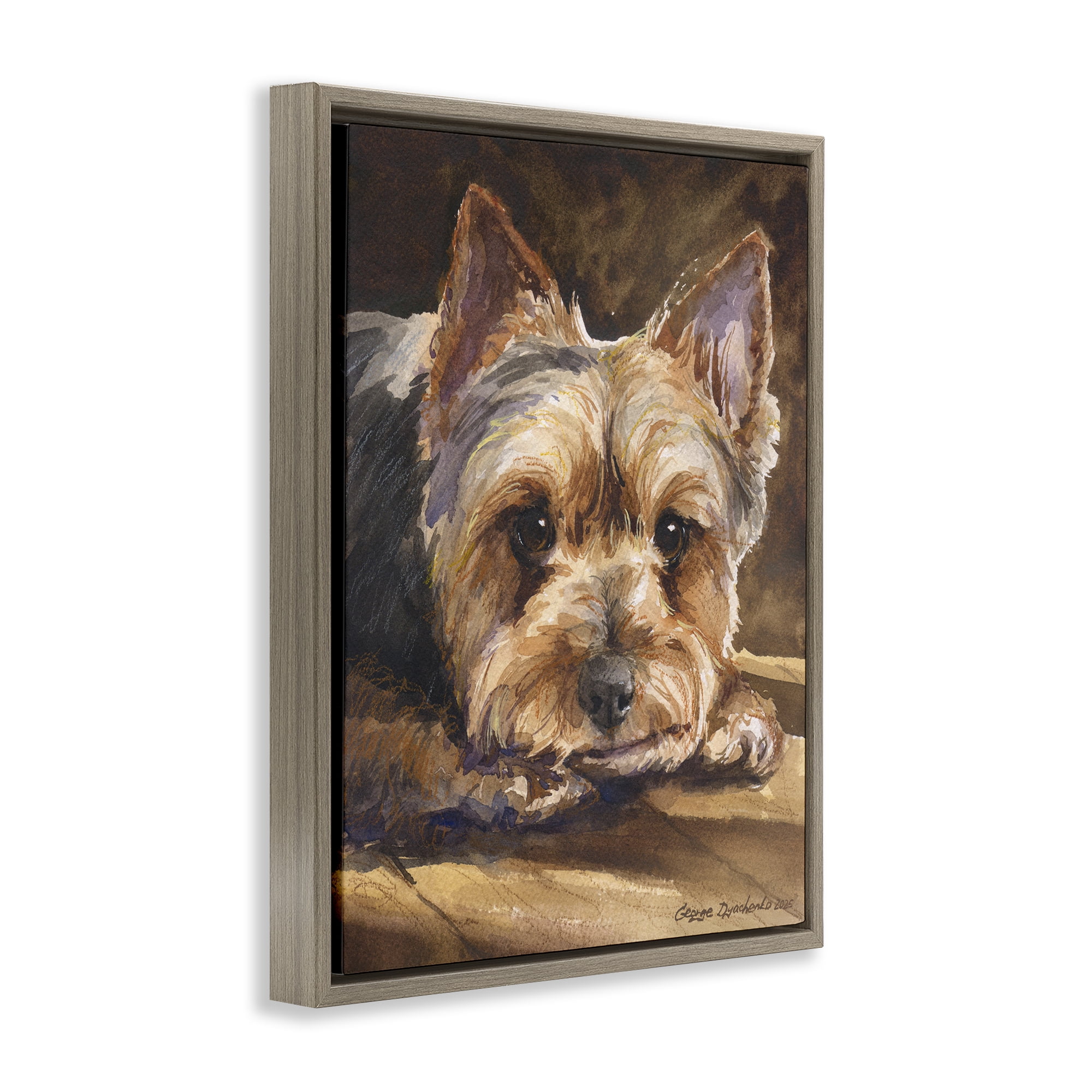 Stupell Industries Yorkshire Terrier Portrait Brown Framed Floater Canvas Wall Art, design by George Dyachenko