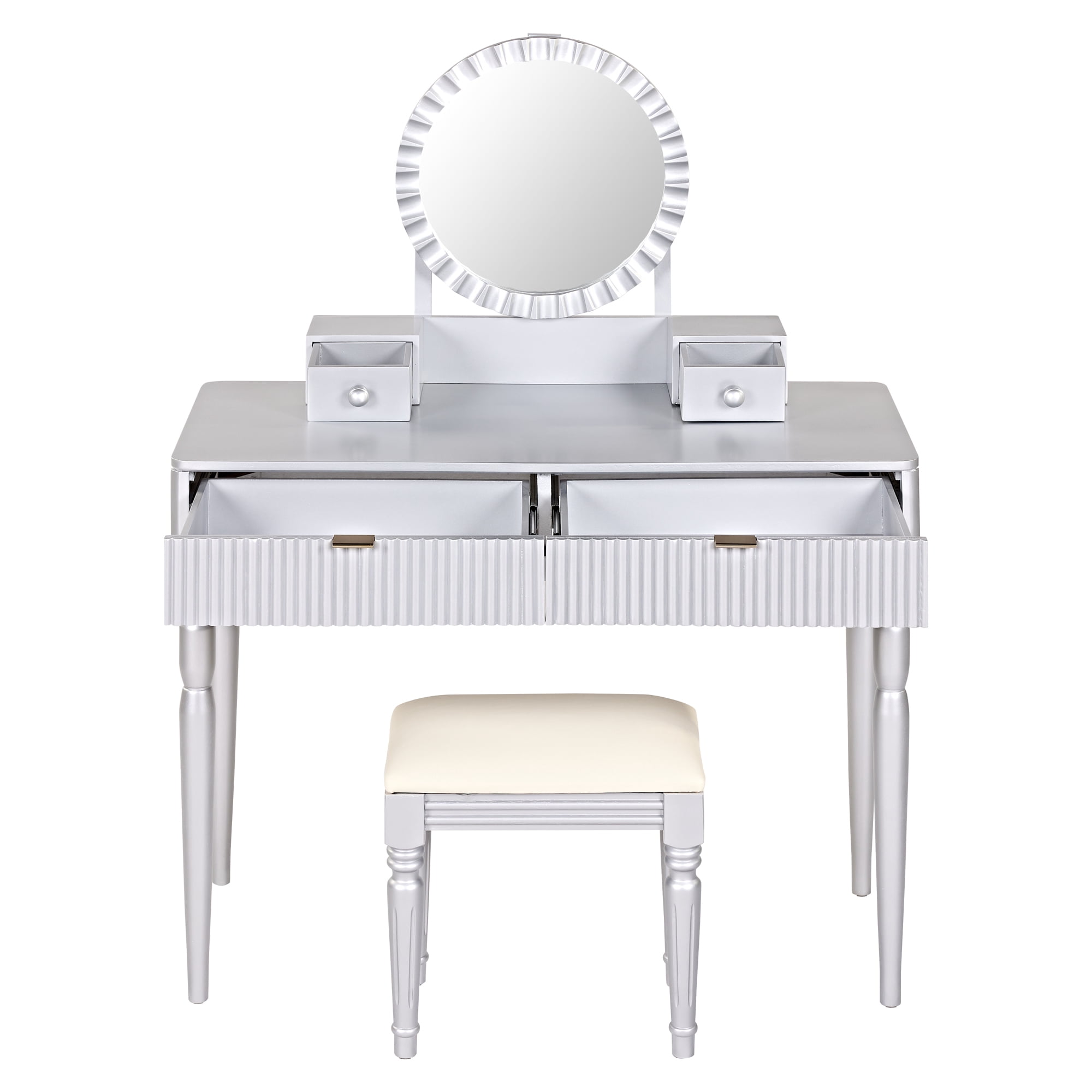 Yoneston Modern Vanity Set with Round Mirror, Makeup Table with 4 Drawers & Cushioned Stool Included and Height Adjustable, Silver