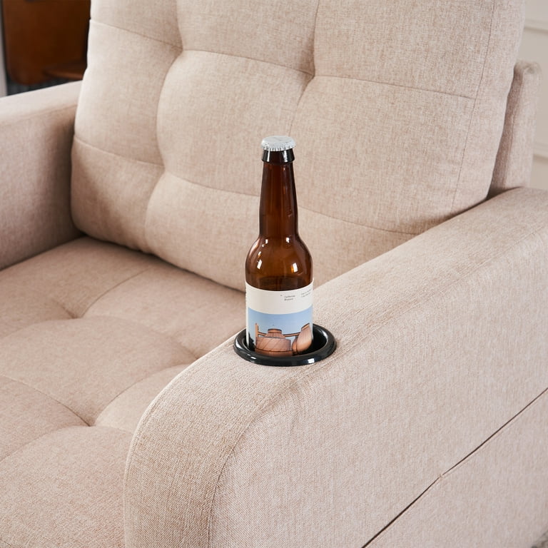 Living Room Upholstered Chair with Ottoman Set Single Sofa with Cup Holders and Ottoman Storage Beige