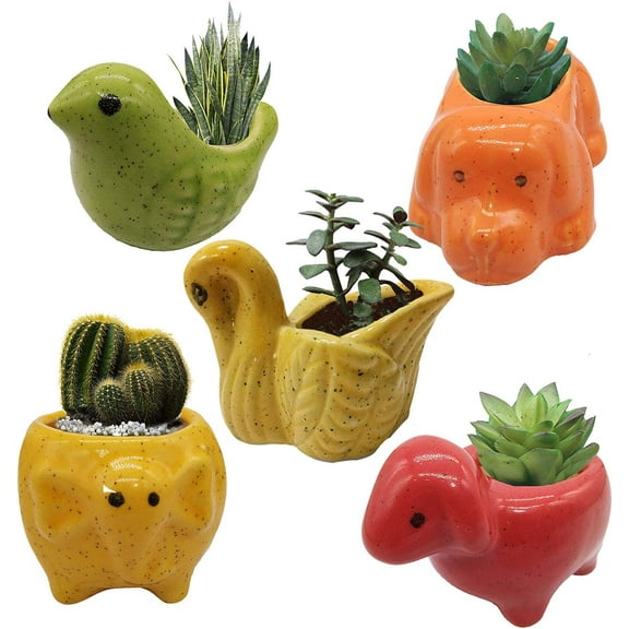 India Meets India Ceramic Flower Pot Planter Plant Pot Indoor Planter Handicraft by Awarded Indian Artisan (Elephant, Turtle, Dog, Sheep and Bird (Set of 5))