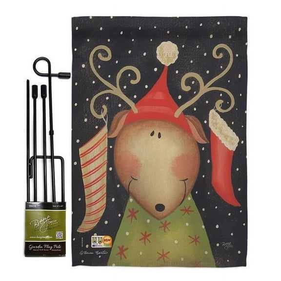Breeze Decor BD-XM-GS-114093-IP-BO-D-US12-PL 13 x 18.5 in. Reindeer Winter Christmas Impressions Decorative Vertical Double Sided Garden Flag Set with Banner Pole