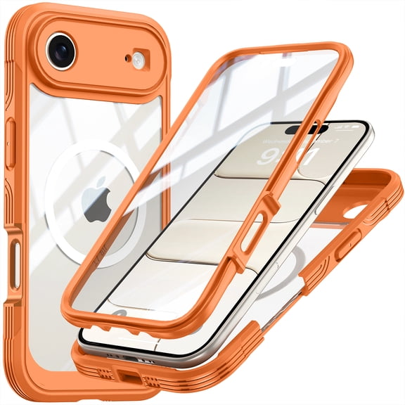 For iPhone Air Case Compatible with MagSafe, Full Body Rugged Shockproof with Built-in Screen Protector, 360 Degree Military Grade Drop Protection Clear Back Magnetic Cover, Orange