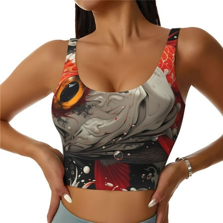 Qokaie Abstract Red Koi Fish Art Pattern Womens Scoop Neck Sports Bra Breathable Workout Vest Padded U Back Medium Impact Fitness Gym Yoga Bra Workout Crop Top-X-Large