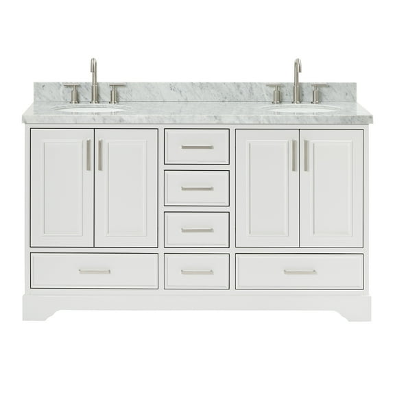 Ariel Stafford 61 Inch Double Oval Sink Vanity With Carrara White Marble Countertop W/1.5" Edge In White