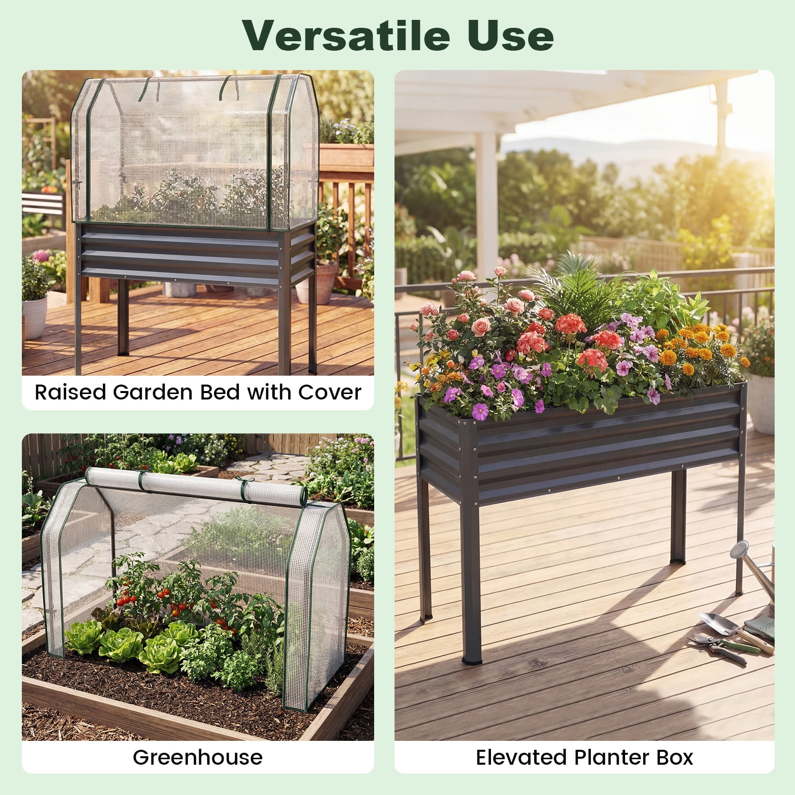 Costway 1 PCS Galvanized Raised Garden Bed with Legs Greenhouse Cover Roll-up Door for Vegetable Gray