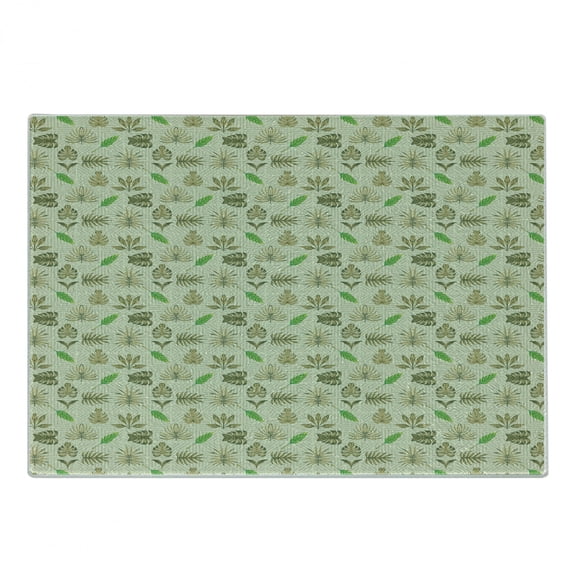 Exotic Cutting Board, Asymmetric Order Tropical Leaves on Geometric Background, Decorative Tempered Glass Cutting and Serving Board, in 3 Sizes, by Ambesonne