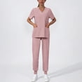 thumbnail image 4 of Women's Solid Color Scrubs Set, Mandarin V-Neck Short Sleeve Top with Pocket & Drawstring Jogger Pants, Comfortable Medical Workwear for Nurses, Healthcare Workers & Dental Hygienists, 4 of 9