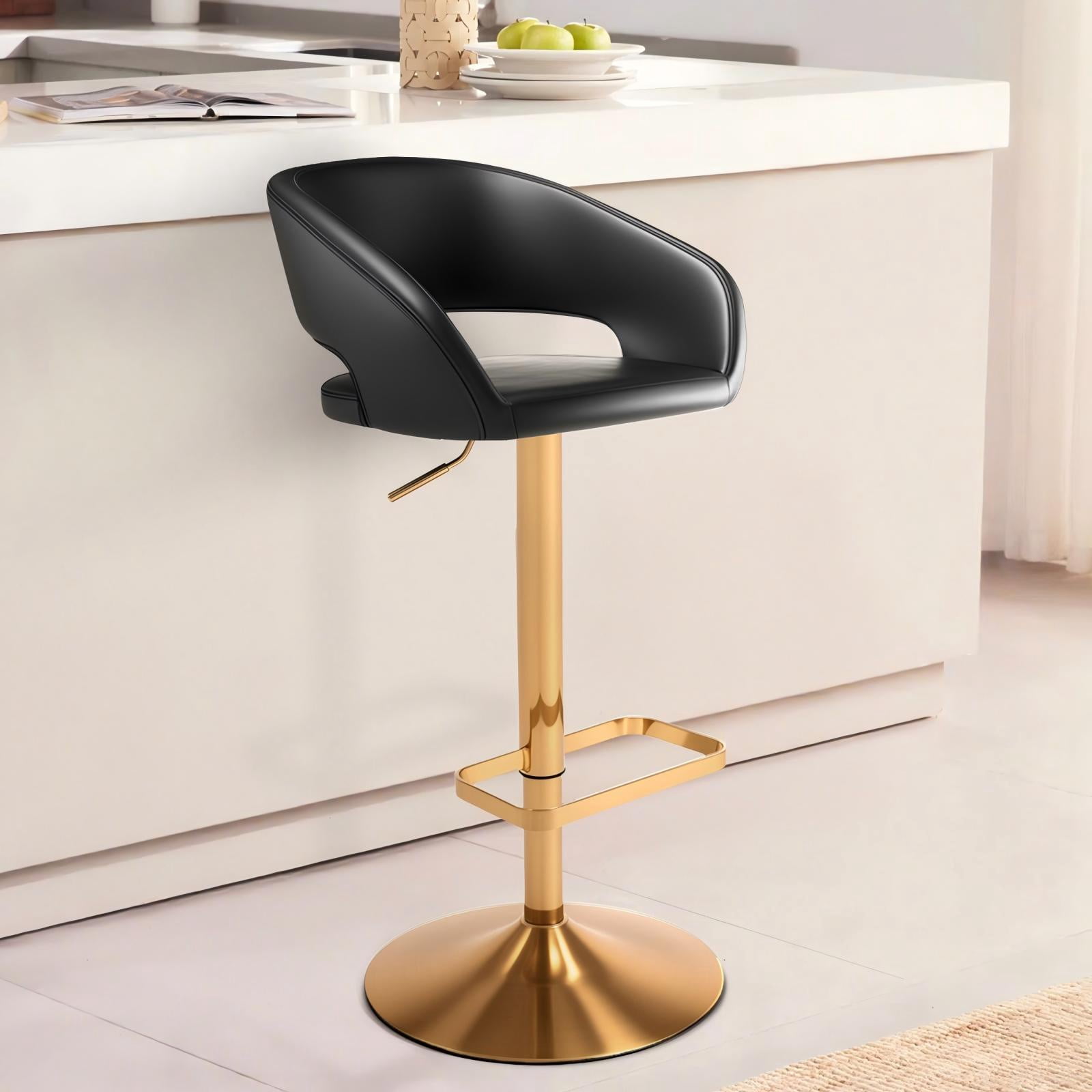 Modern Adjustable Bar Stools with PU Leather Seat, 360° Swivel Open Mid Back & Armrest Bar Stool– Ideal for Kitchen , Bar, Café, Counter Seating (Black)