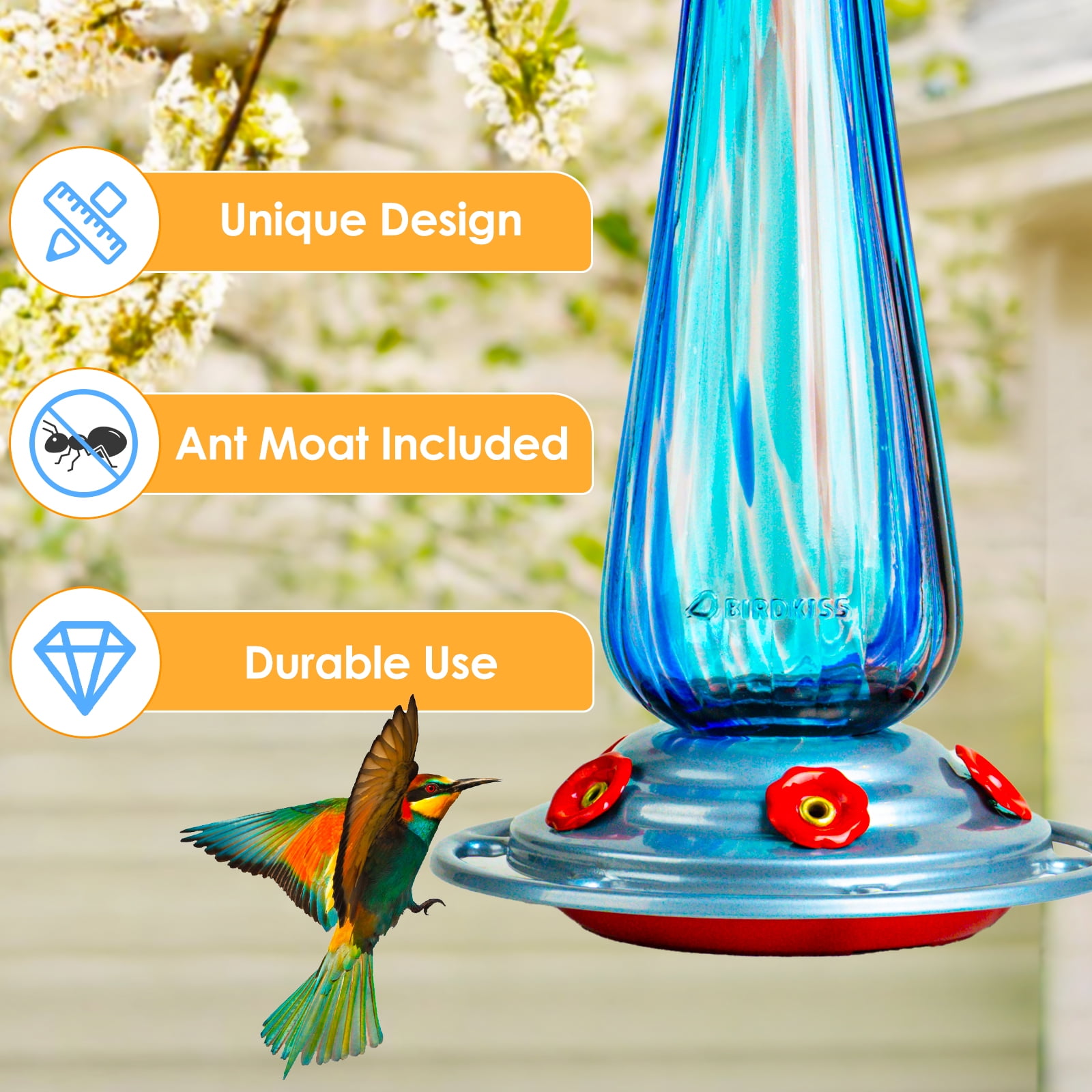 Birdkiss 28 oz Hand Blown Glass Hummingbird Feeders with Ant Moat Hook, Garden Backyard Patio Decor