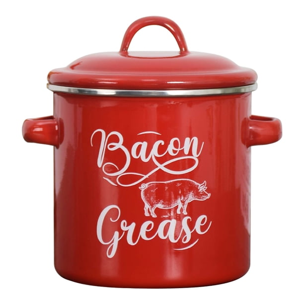 Recolector de grasa de tocino grande con colador, esmaltado, estilo rústico, apto para lavavajillas (rojo)