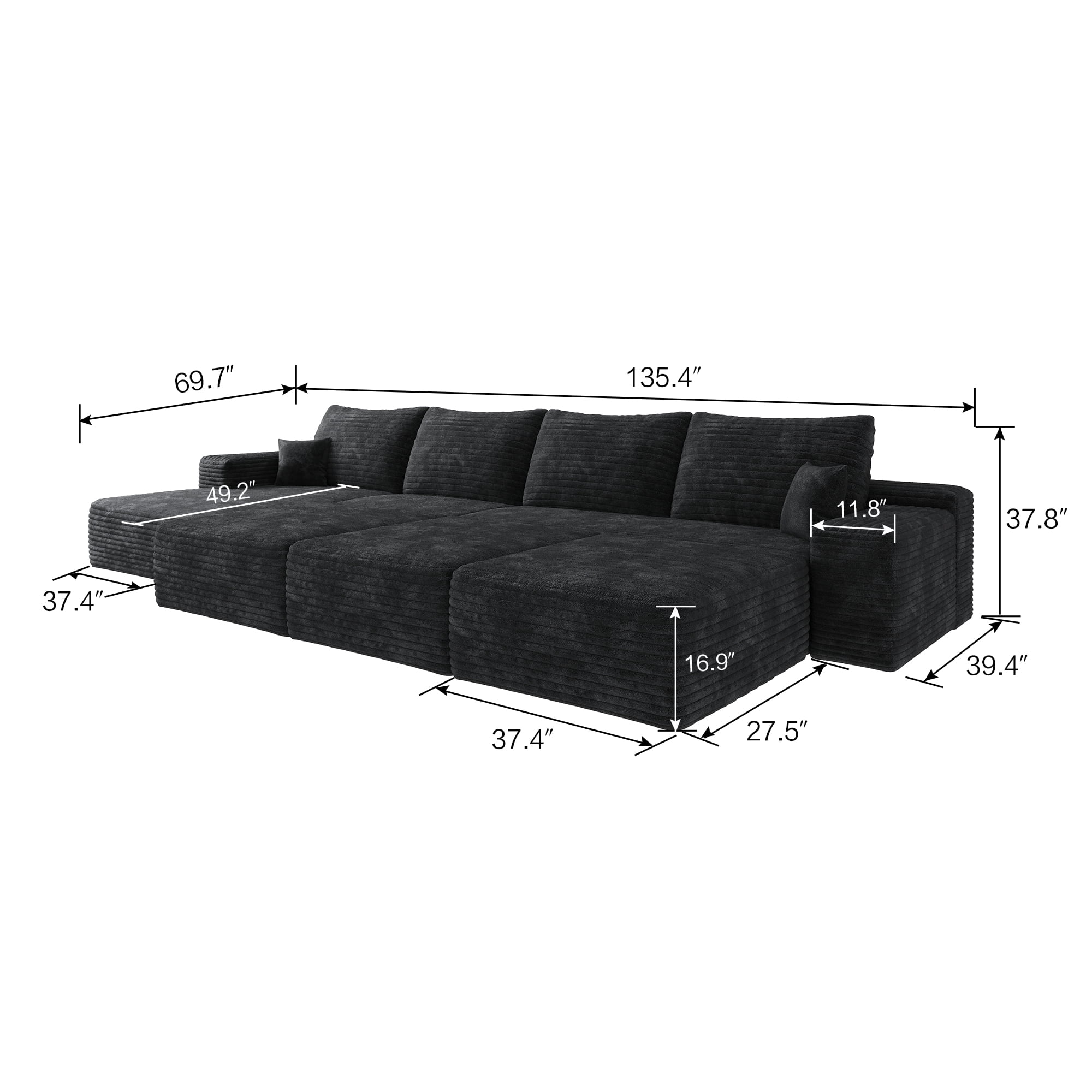 MAYEERTY 135" Black 6-Seat Modular Cloud Sofa - No Assembly, Spacious for Gatherings