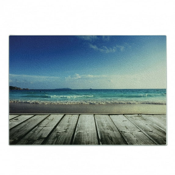 Rustic Wood Cutting Board, Weathered Beach and Wavy Ocean Photography Summer Season Holiday Image, Decorative Tempered Glass Cutting and Serving Board, in 3 Sizes, by Ambesonne