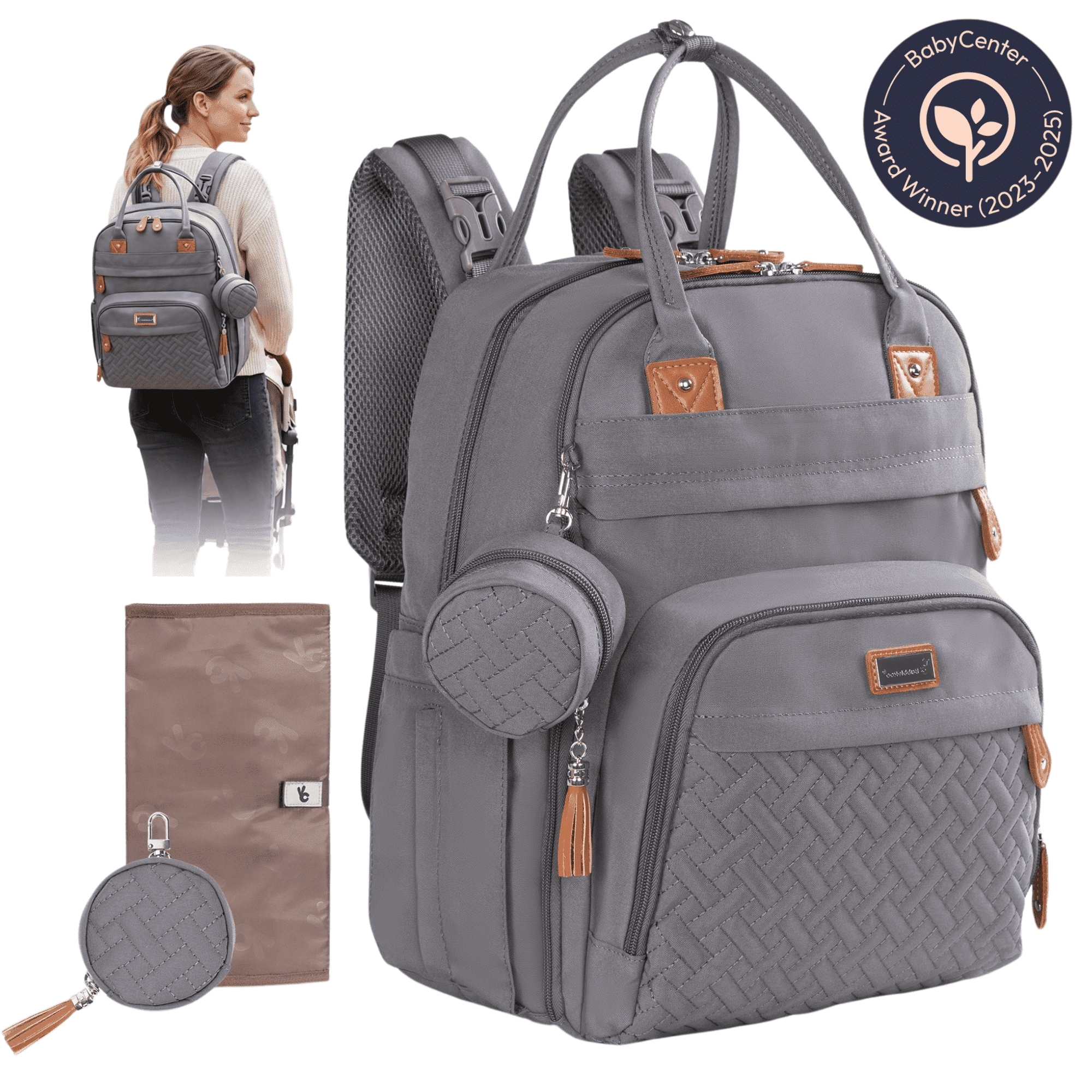 BabbleRoo Original Diaper Bag Backpack – Large 26L Baby Bag with Changing Pad, Insulated Bottle Pockets & Stroller Straps, Waterproof Travel Bag for Moms & Dads, Cool Gray
