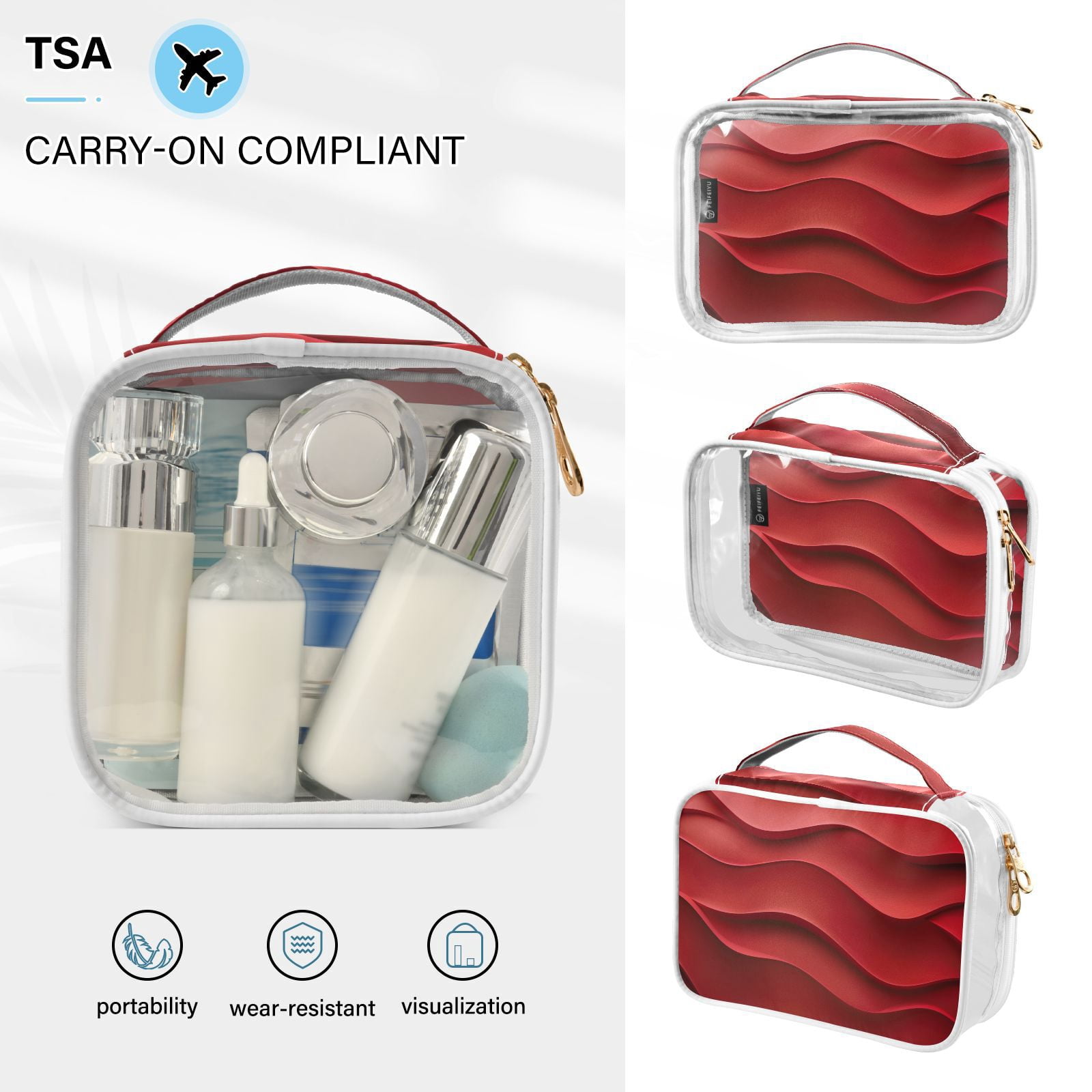 Clear Makeup Bags with Handle Large Opening 2 Pack Set Toiletry Bag Quart Size Bag, for Women Man Traveling Travel Essentials, Toiletries and Other. Red Wave