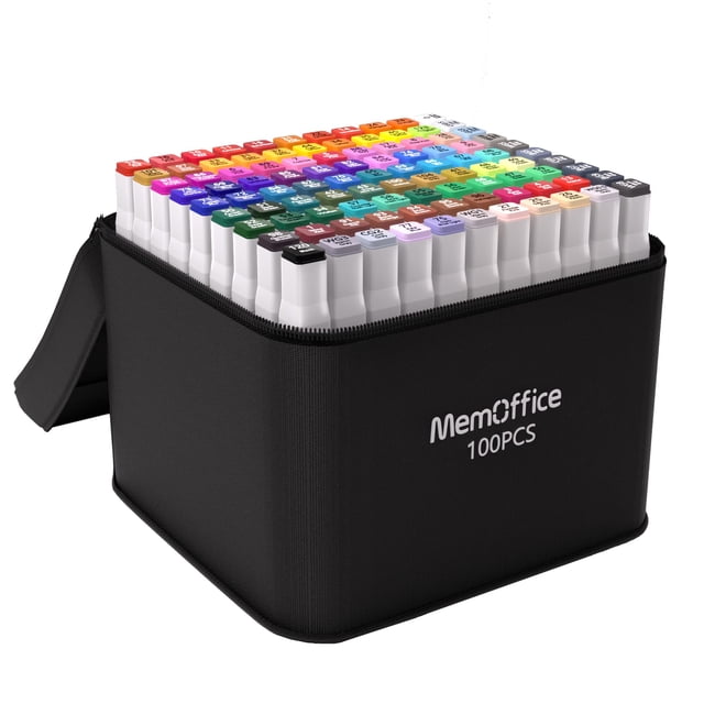 Set de rotuladores de alcohol MemOffice, 100 colores, doble punta, con funda
