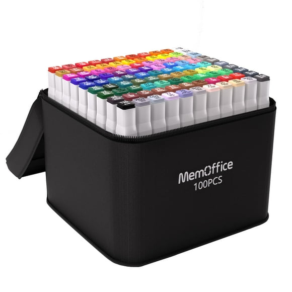 Set de rotuladores de alcohol MemOffice, 100 colores, doble punta, con funda
