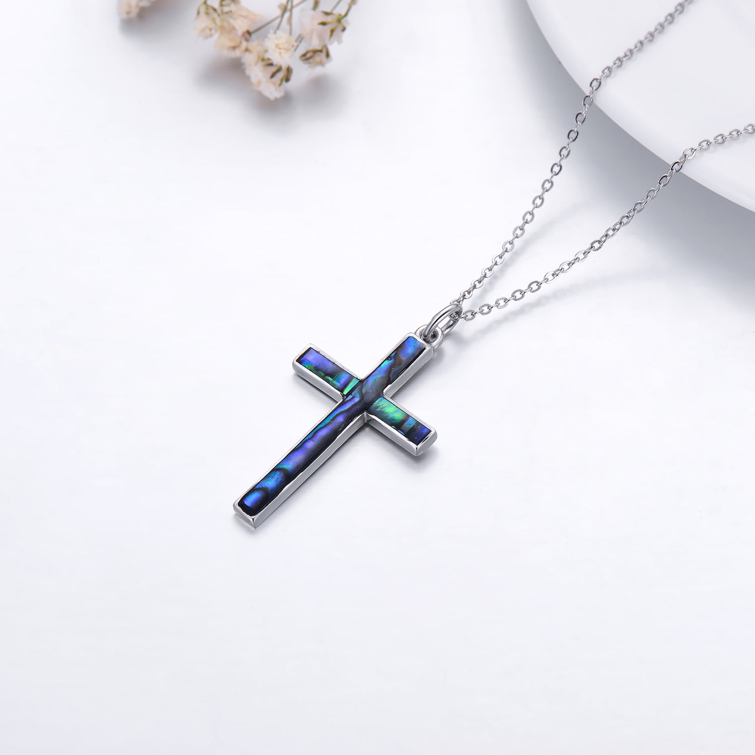 Coachuhhar Cross Necklace 925 Sterling Silver Cross Pendant Necklace with Abalone Shell Cross Jewelry Gifts for Women Men