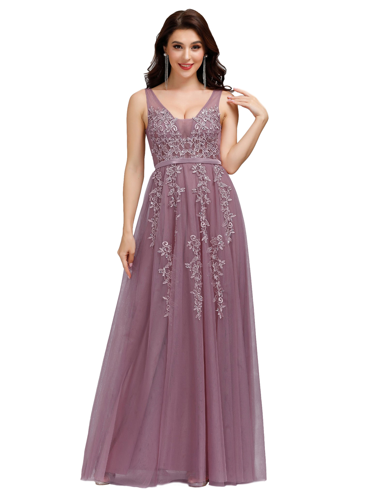 Ever-Pretty Womens Elegant V Neck Floor Length Tulle with Applique Long Evening Prom Dresses 07544