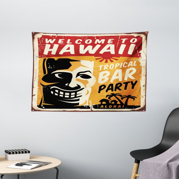 Tiki Bar Decor Tapestry, Welcome To Hawaii Tropical Bar Party Retro Style Grunge Signboard Picture, Wall Hanging for Bedroom Living Room Dorm Decor, 60W X 40L Inches, Multicolor, by Ambesonne